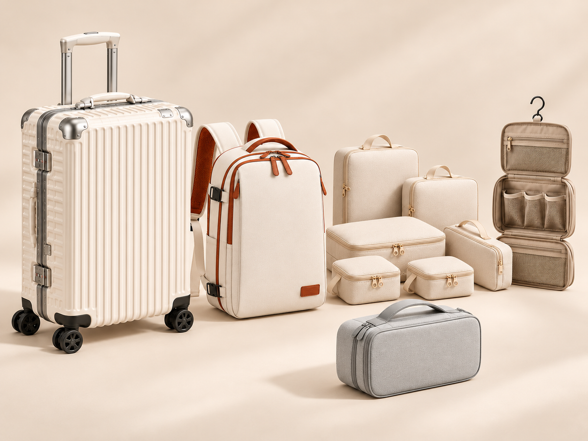EMBER REM-EMBER five-product set with six beige compression packing organisers, styled group render
